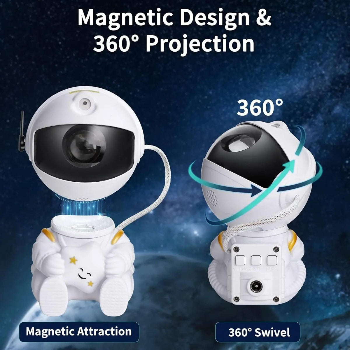 Belro Galaxy Light Projector displaying starry night sky projection on a wall in a cozy room.