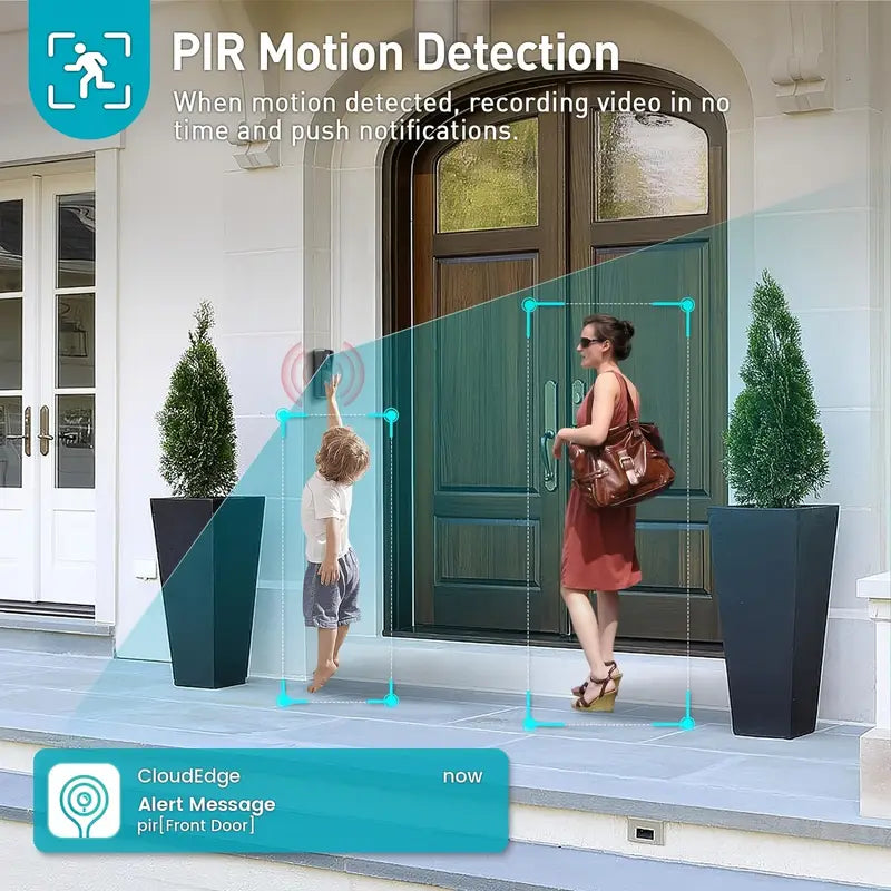 Wireless Wi-Fi Video Doorbell by Belro showing a sleek doorbell with camera and motion sensor mounted outside a home.
