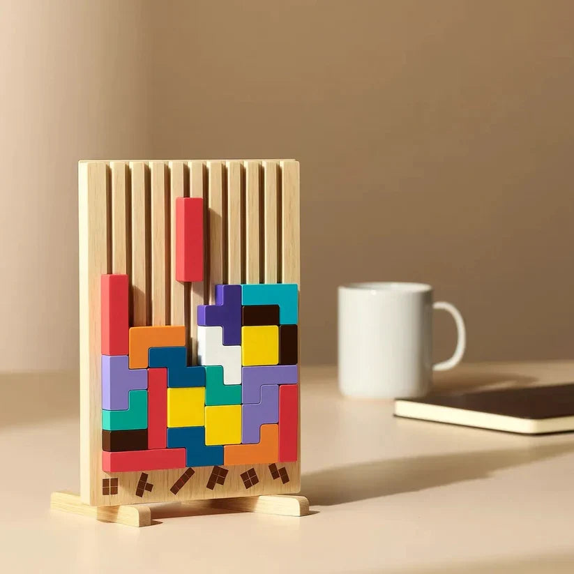 Wooden Tetris puzzle board by Mivoza, a brain teaser desk toy and tangram strategy game with wooden puzzle pieces.