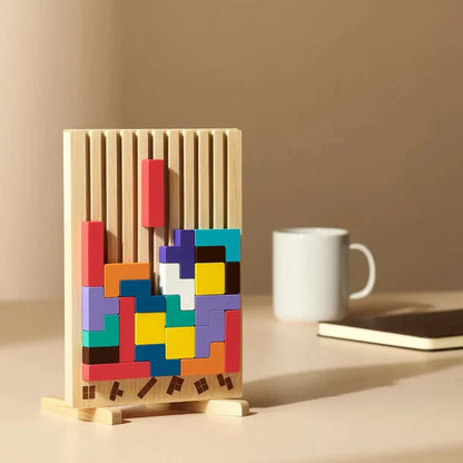 Wooden Tetris puzzle board by Mivoza, a brain teaser desk toy and tangram strategy game with wooden puzzle pieces.