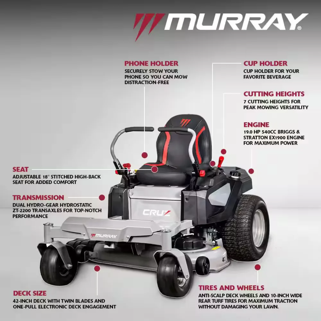 Casavibeo Cruz 42-inch lawn tractor with Briggs & Stratton EX1900 19 HP 540cc engine and dual hydrostatic transmission.