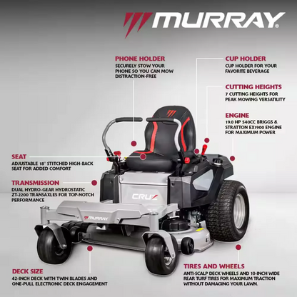 Casavibeo Cruz 42-inch lawn tractor with Briggs & Stratton EX1900 19 HP 540cc engine and dual hydrostatic transmission.