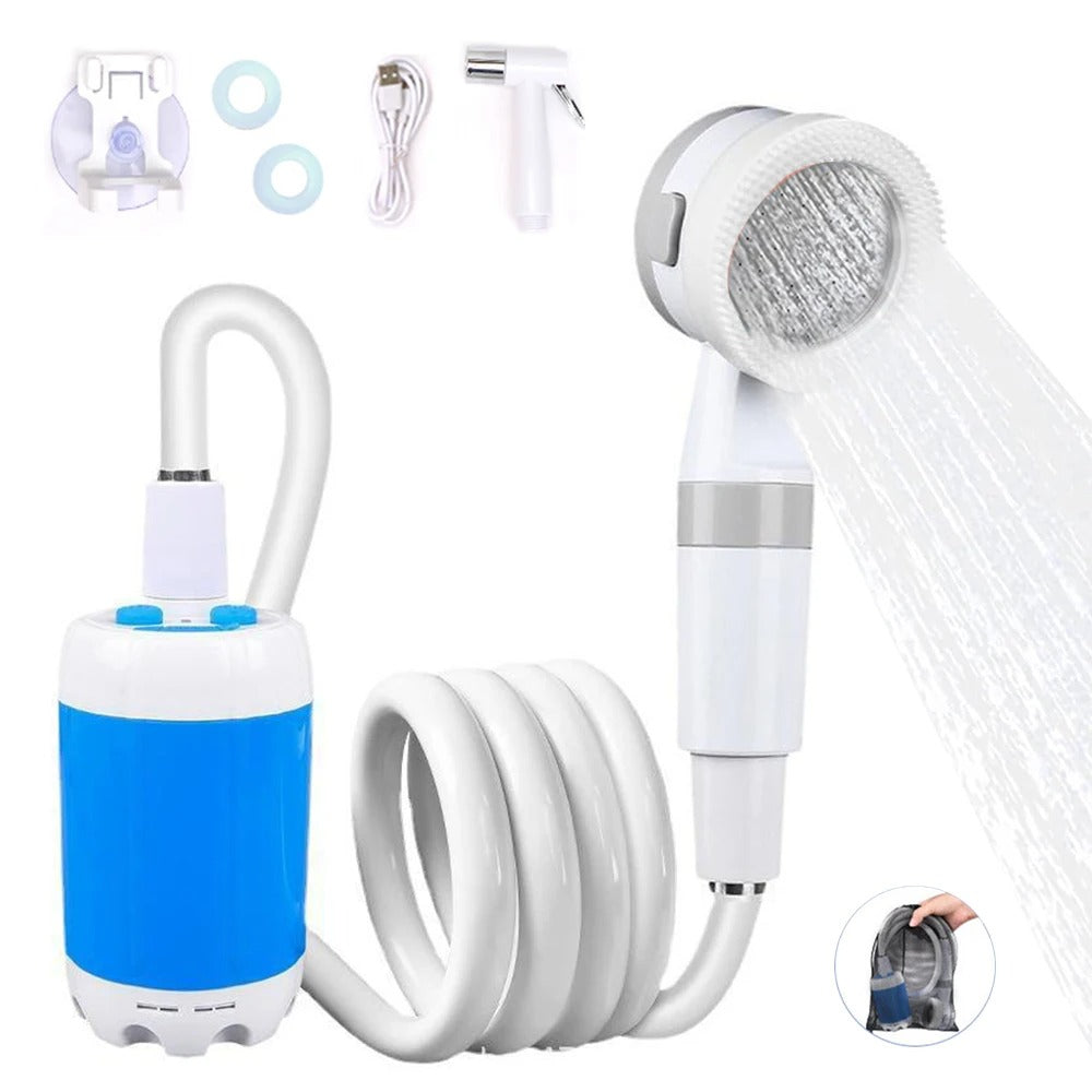 Belro outdoor portable camp shower with hose and showerhead for outdoor camping and gardening use.
