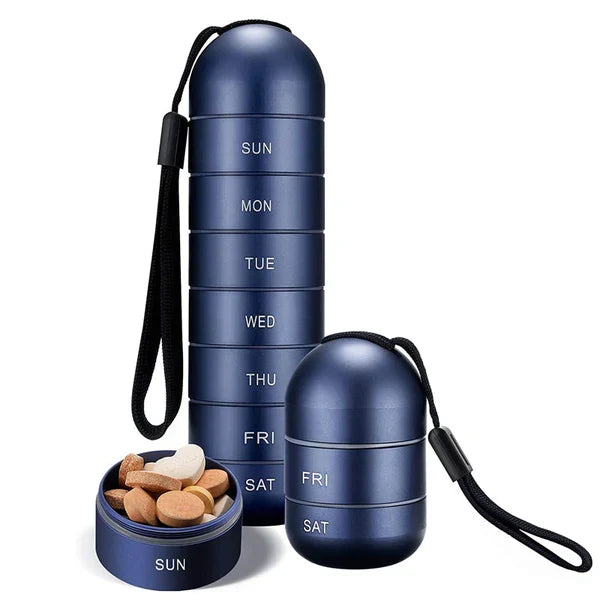 Belro aluminum 7-day portable pill organizer with secure compartments for travel and daily medication storage.