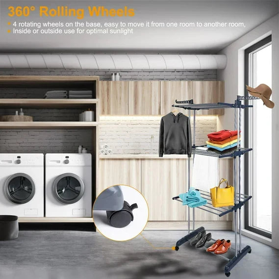 Belro foldable heavy-duty clothes drying rack with rolling wheels, black metal frame, and multiple drying bars for laundry drying.
