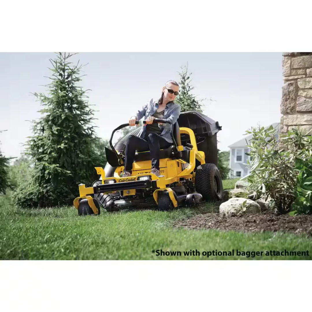 Casavibeo Cub Cadet Ultima Series ZT1 42-inch zero-turn mower with black and silver design, featuring a wide cutting deck and ergonomic controls.