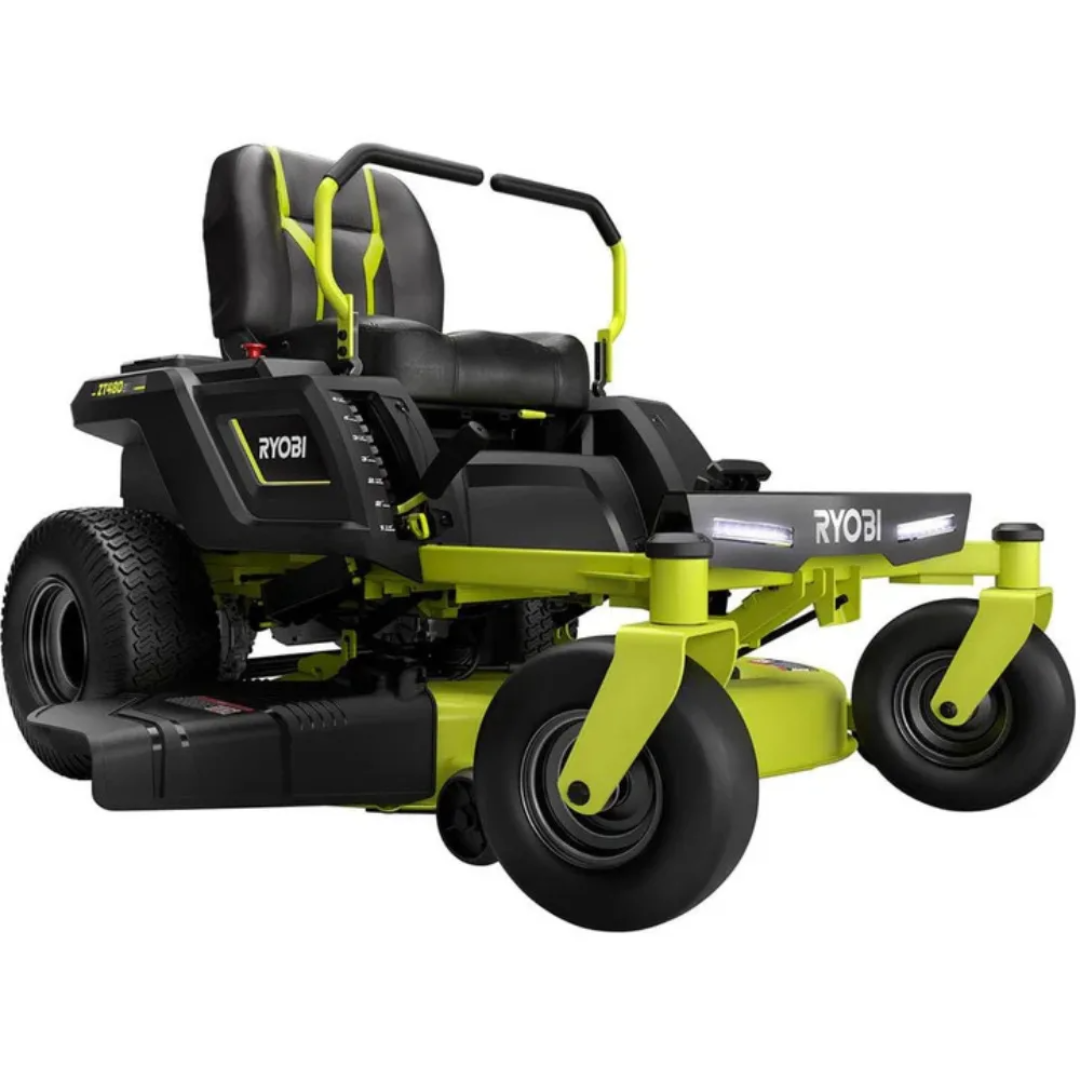 RYOBI 42-inch 100Ah battery electric riding zero-turn mower with Casavibeo branding, showing the mower's sleek design and cutting deck
