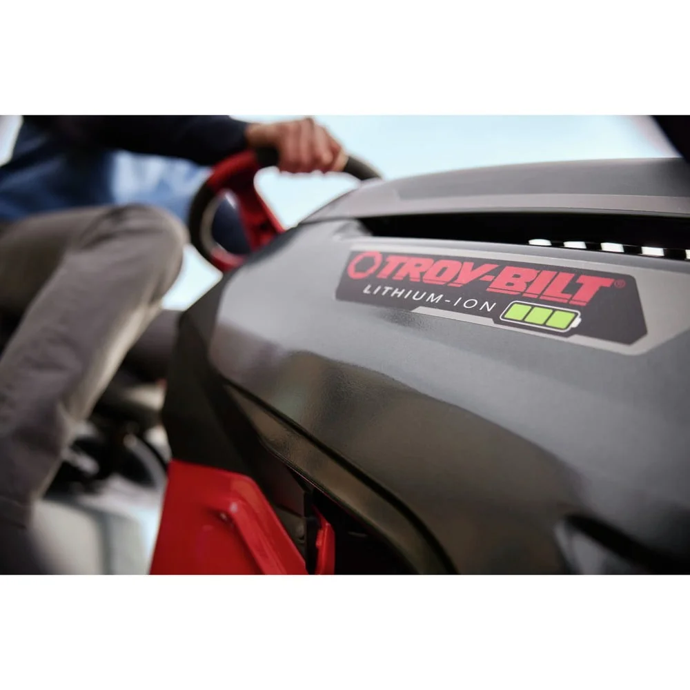Casavibeo Troy-Bilt Super Bronco 42E XP electric riding lawn tractor with 42-inch cutting deck and 56V lithium-ion battery.