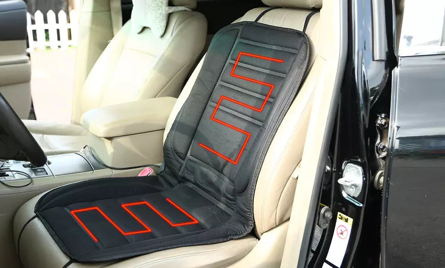 Belro full coverage heated winter car seat warmer cushion pad showing plush fabric and control panel for cozy outdoor driving.
