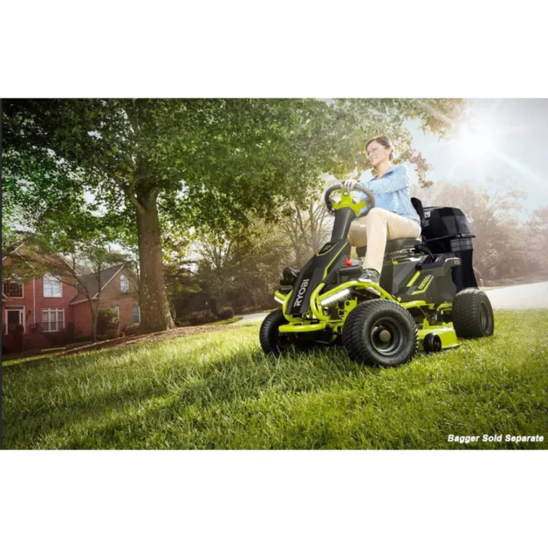 Casavibeo RYOBI 38-inch 100 Ah battery electric rear engine riding lawn mower, showing the mower's wide cutting deck and electric motor