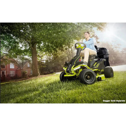 Casavibeo RYOBI 38-inch 100 Ah battery electric rear engine riding lawn mower, showing the mower's wide cutting deck and electric motor