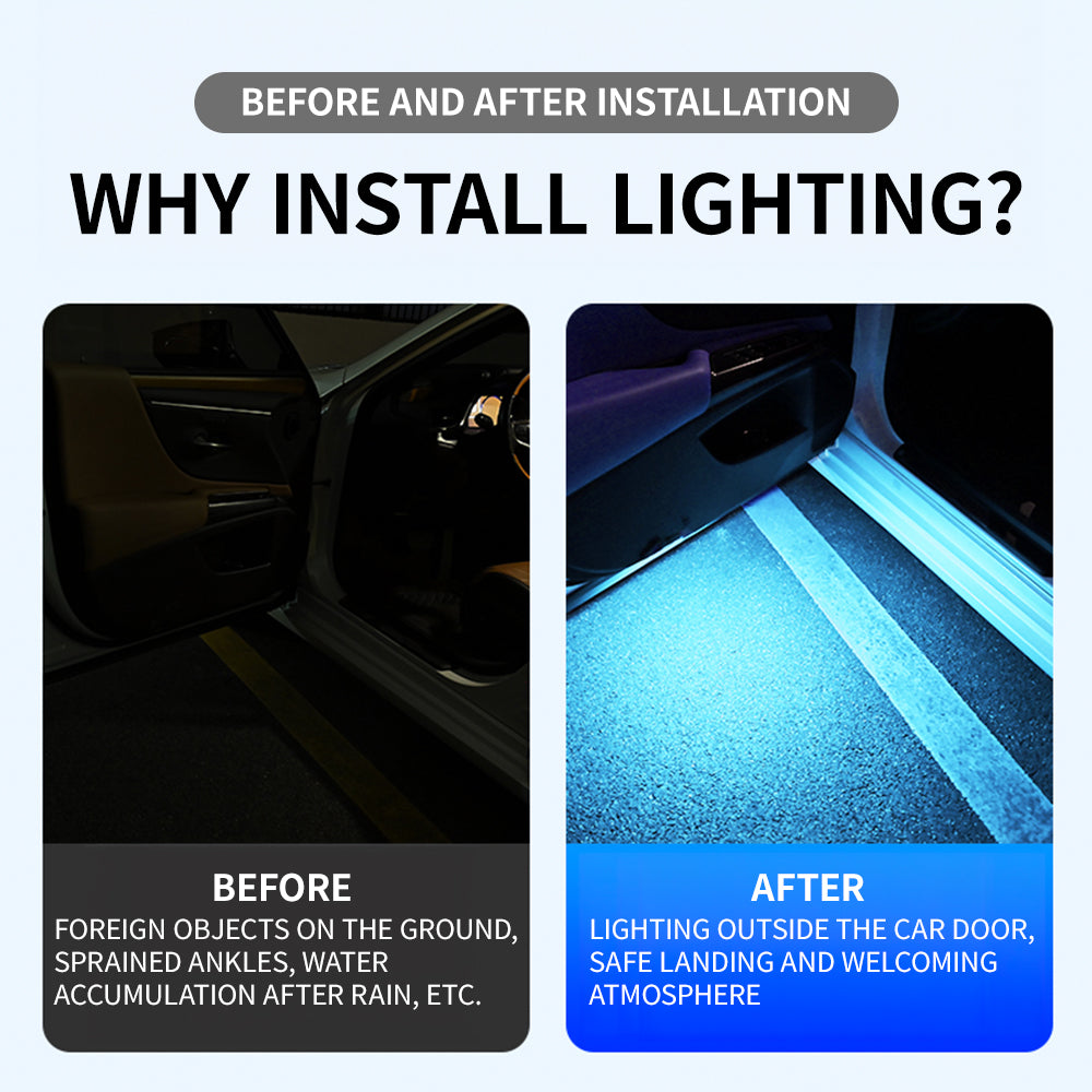 Belro Car Door Lights Projector displaying colorful light patterns on a car door surface.