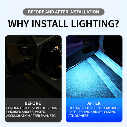 Belro Car Door Lights Projector displaying colorful light patterns on a car door surface.