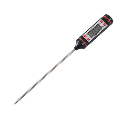 Belro digital cooking thermometer resting on a cozy robe, showcasing its sleek design and digital display for precise temperature reading.