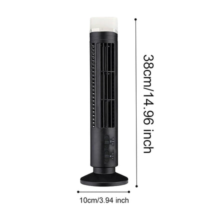 Belro mini desktop air conditioner with bladeless USB cooling fan on a desk, compact electronic home appliance for cooling.