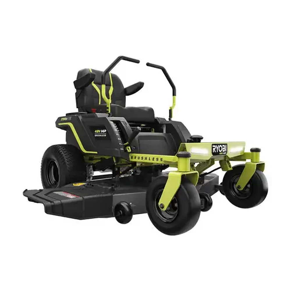 Ryobi 48V 54-inch electric riding zero-turn mower with brushless motor and 115 Ah battery, shown in a yard setting