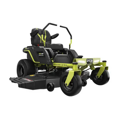 Ryobi 48V 54-inch electric riding zero-turn mower with brushless motor and 115 Ah battery, shown in a yard setting