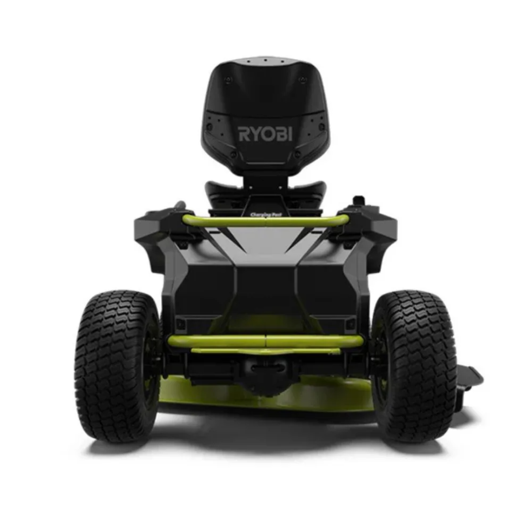 Casavibeo RYOBI 38-inch 100 Ah battery electric rear engine riding lawn mower with cutting deck and control panel visible.