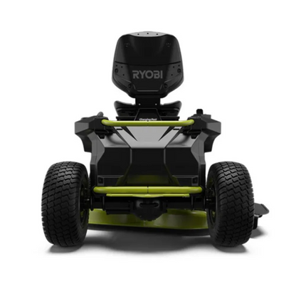 Casavibeo RYOBI 38-inch 100 Ah battery electric rear engine riding lawn mower with cutting deck and control panel visible.