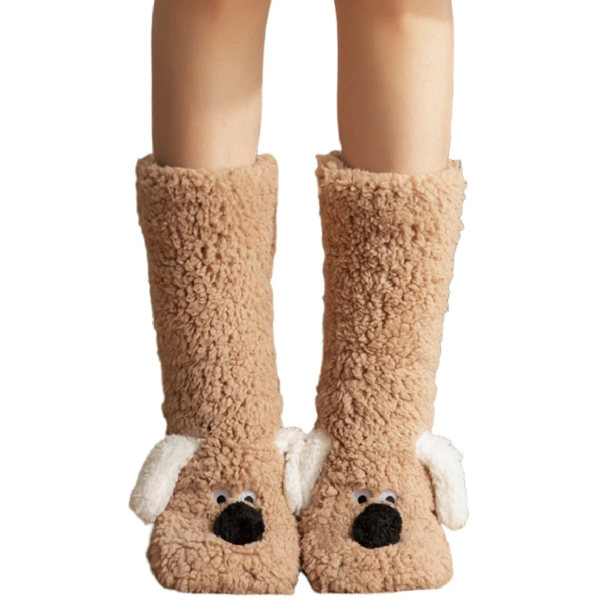 Belro fuzzy dog-themed winter socks with cozy, colorful design, perfect for keeping legs warm during cold weather.