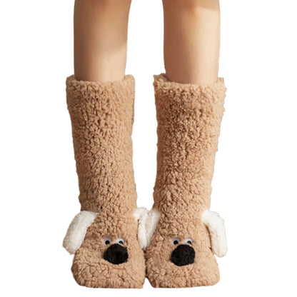 Belro fuzzy dog-themed winter socks with cozy, colorful design, perfect for keeping legs warm during cold weather.