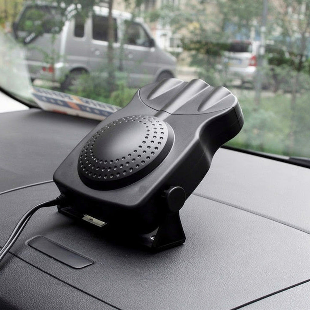 Belro automotive demisting and defrosting car heater displaying a collage of the device in use and close-up views.