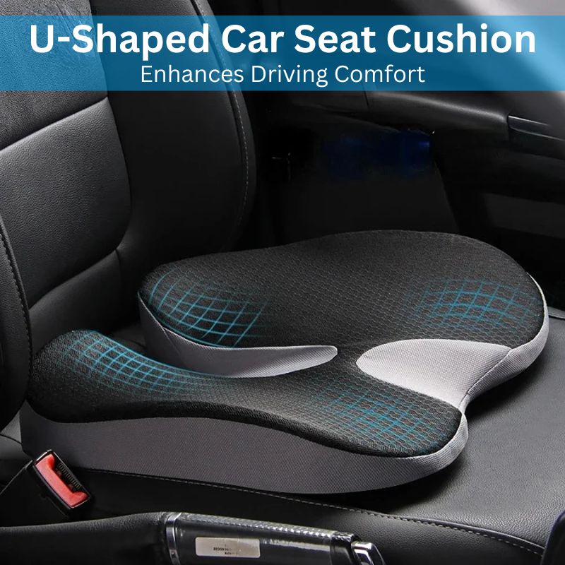 Belro ergonomic soft memory foam car seat cushion with lumbar support shown on a car seat for back comfort and posture.