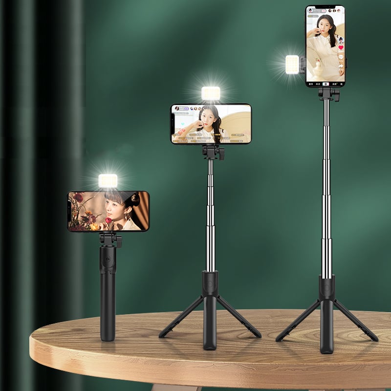 Belro 6-in-1 wireless Bluetooth selfie stick with fill light, compact camera accessory for smartphones and photos.