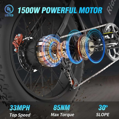 Casavibeo Ridstar Q20 48V fat tire electric bike with LCD meter, showcasing the sturdy fat tires and sleek frame design.