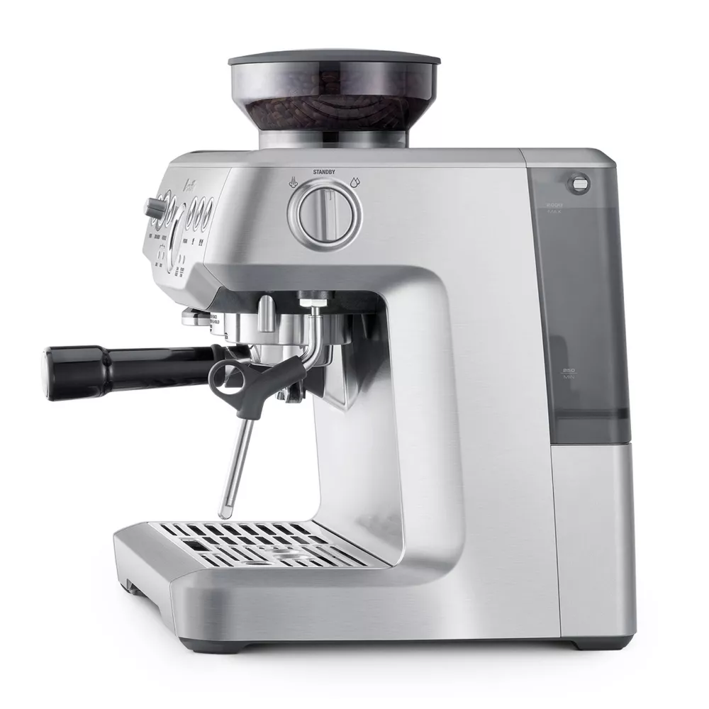 Casavibeo Breville Stainless Steel Barista Express espresso machine with milk frother and grinder, showcasing a sleek silver finish.