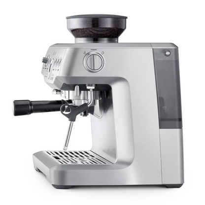 Casavibeo Breville Stainless Steel Barista Express espresso machine with milk frother and grinder, showcasing a sleek silver finish.