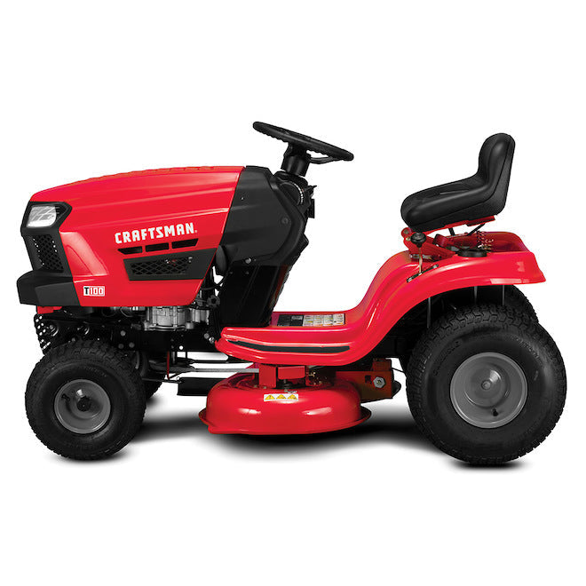 Casavibeo CRAFTSMAN T100 36-inch 11.5 HP gas riding lawn tractor with cutting deck and comfortable seat.