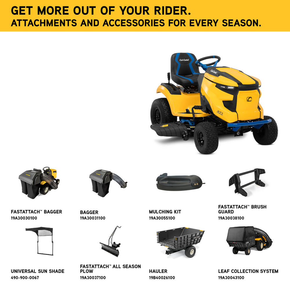 Casavibeo Cub Cadet XT1 LT42E electric lawn tractor with 42-inch cutting deck, shown on a well-maintained lawn.