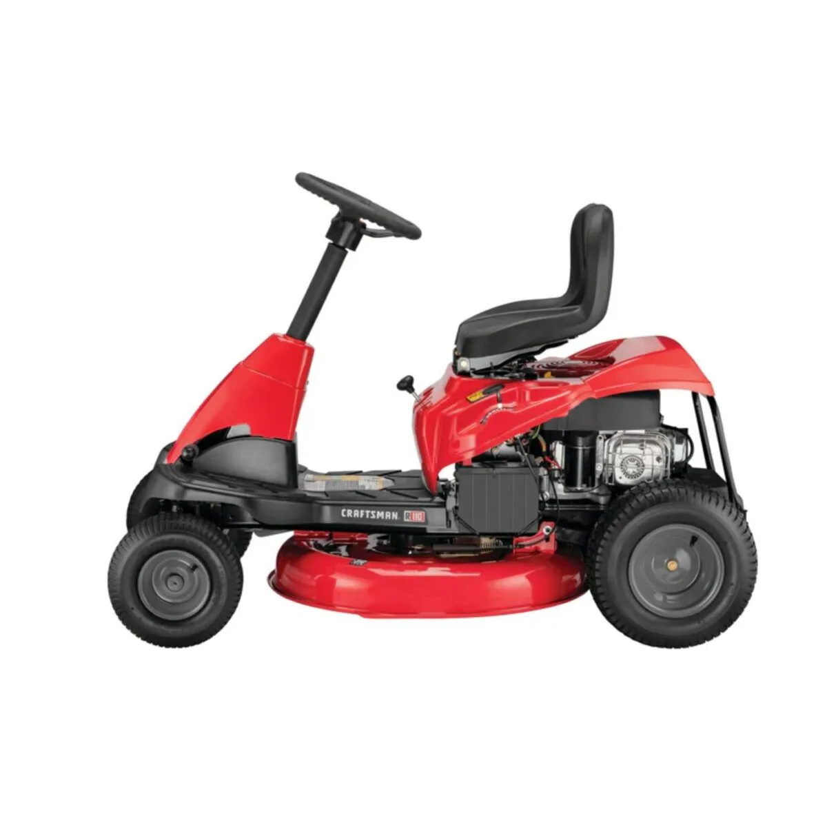 Craftsman R110 30-inch gas riding lawn mower with 10.5 HP single-cylinder engine, shown in a well-maintained yard.