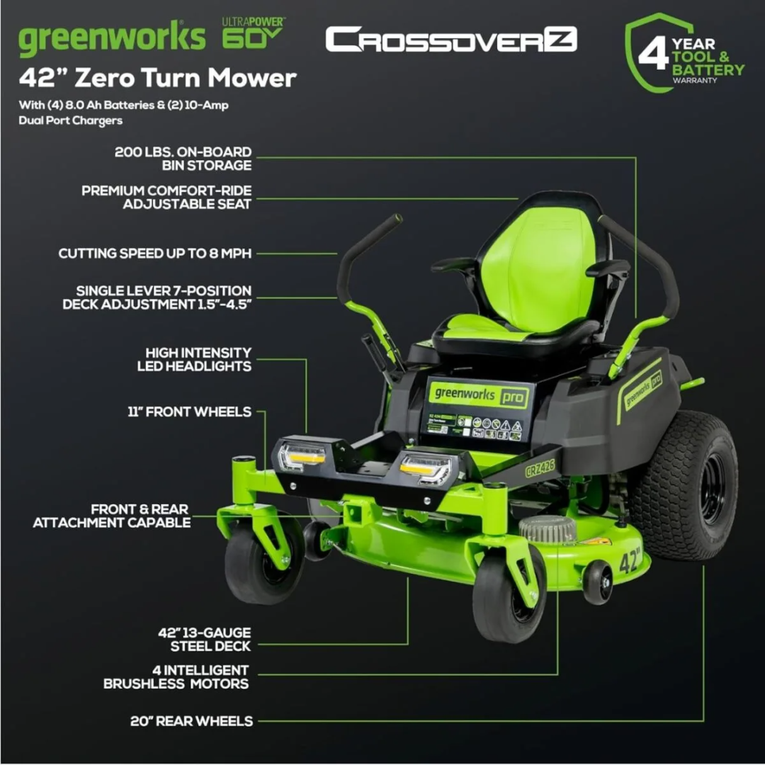 Casavibeo Greenworks 60V 42-inch cordless electric crossover zero turn riding mower with a green cutting deck and comfortable seat.
