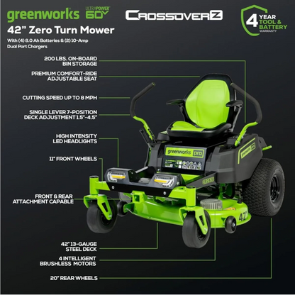 Casavibeo Greenworks 60V 42-inch cordless electric crossover zero turn riding mower with a green cutting deck and comfortable seat.