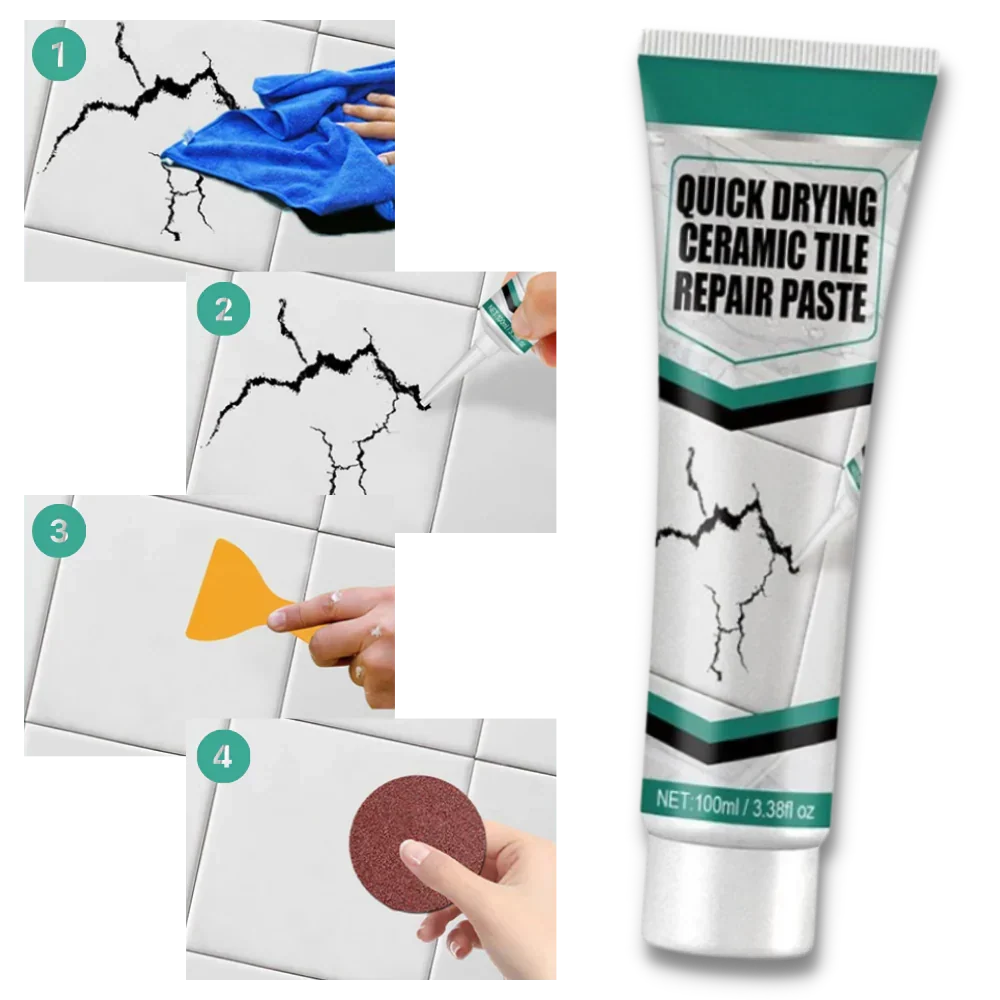 Belro ceramic tile repair paste kit for cracks, chips, and surface damage, with easy-to-apply tools for quick restoration.