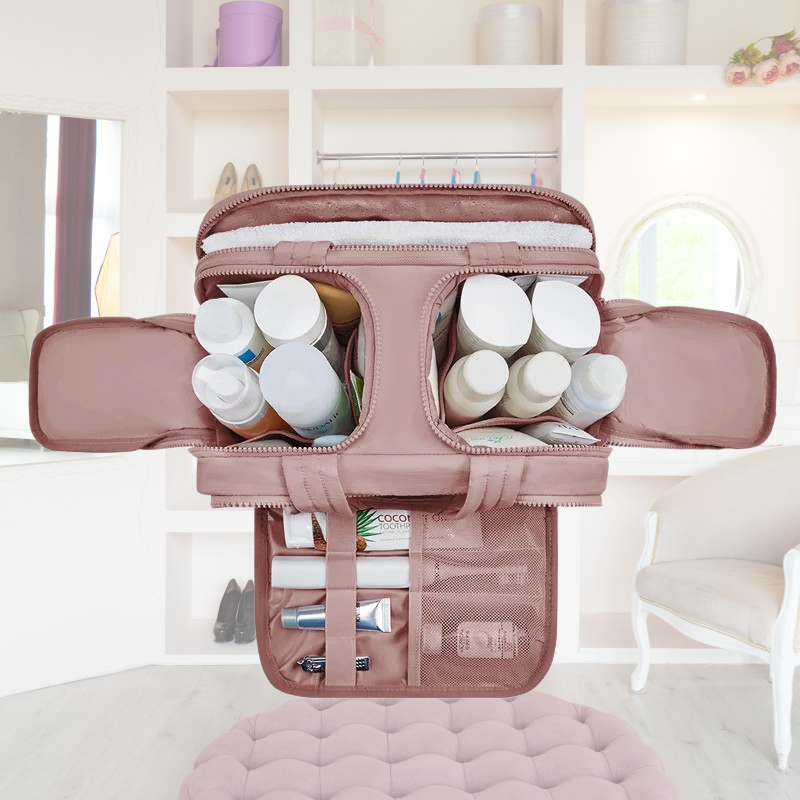 Belro large-capacity travel toiletry bag shown in closet, with multiple compartments for toiletries and personal items.