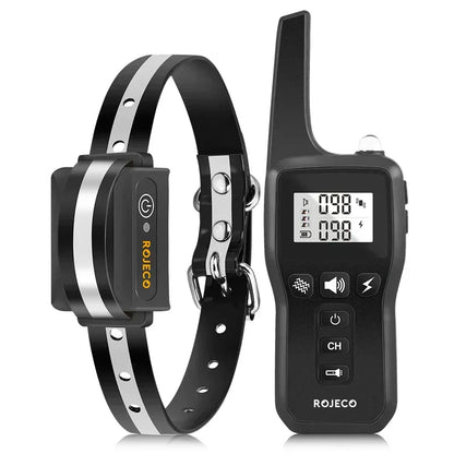 Mivoza dog training collar with remote, 1000m range, vibration and beep modes, adjustable levels, comfortable fit for pets.