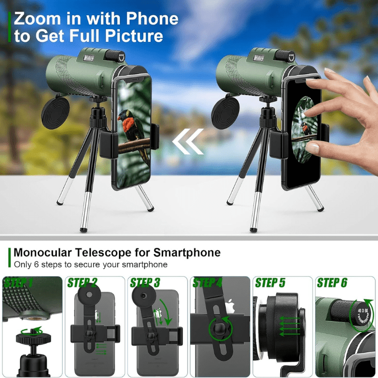 BowLift Ultra-Zoom Monocular with 600x HD lens, compact design for hiking and birdwatching, showing the monocular with focus adjustment