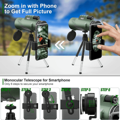 BowLift Ultra-Zoom Monocular with 600x HD lens, compact design for hiking and birdwatching, showing the monocular with focus adjustment