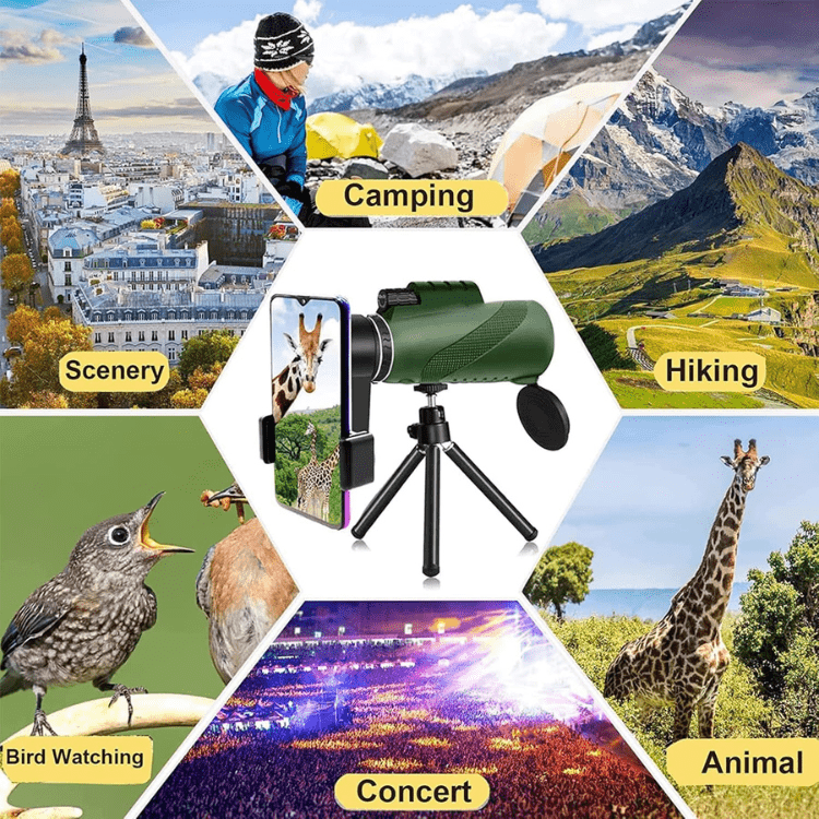 BowLift Ultra-Zoom Monocular with 600x HD lens, compact design, ideal for hiking and birdwatching, featuring a sleek black finish.