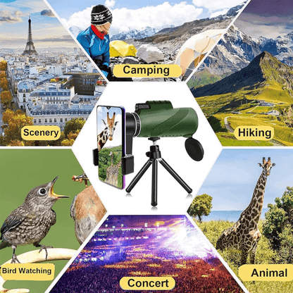 BowLift Ultra-Zoom Monocular with 600x HD lens, compact design, ideal for hiking and birdwatching, featuring a sleek black finish.