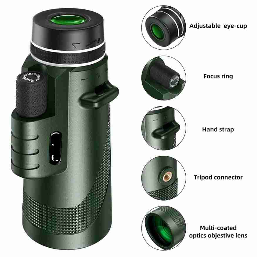 BowLift Ultra-Zoom Monocular with 600x HD lens, compact design for hiking and birdwatching, featuring a sleek black finish.