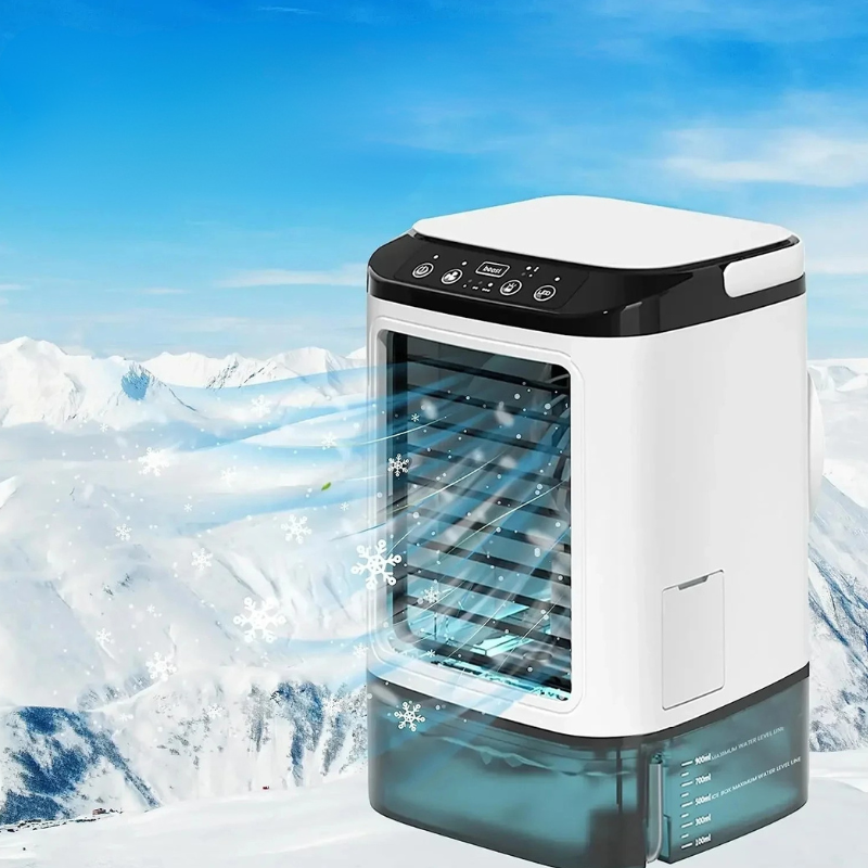 Belro 3-speed portable air conditioner with ultrasonic cooling for outdoor use, compact design for home and garden cooling.