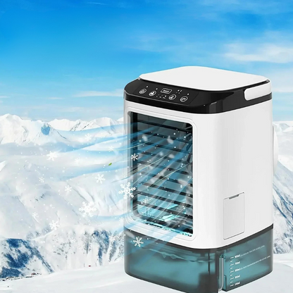 Belro 3-speed portable air conditioner with ultrasonic cooling for outdoor use, compact design for home and garden cooling.