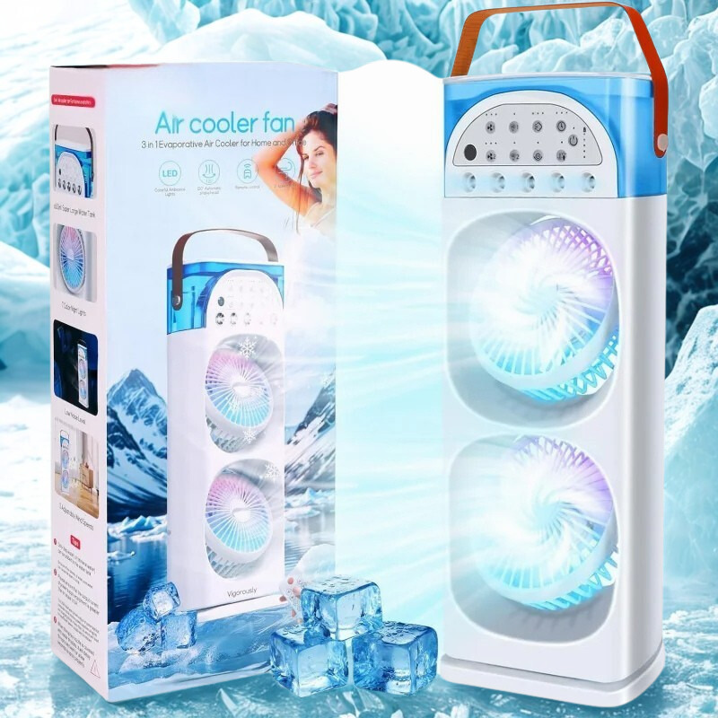 Belro mini portable air conditioner with humidifier and LED light, compact outdoor cooling device for home and garden use.