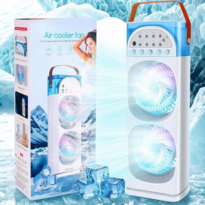 Belro mini portable air conditioner with humidifier and LED light, compact outdoor cooling device for home and garden use.