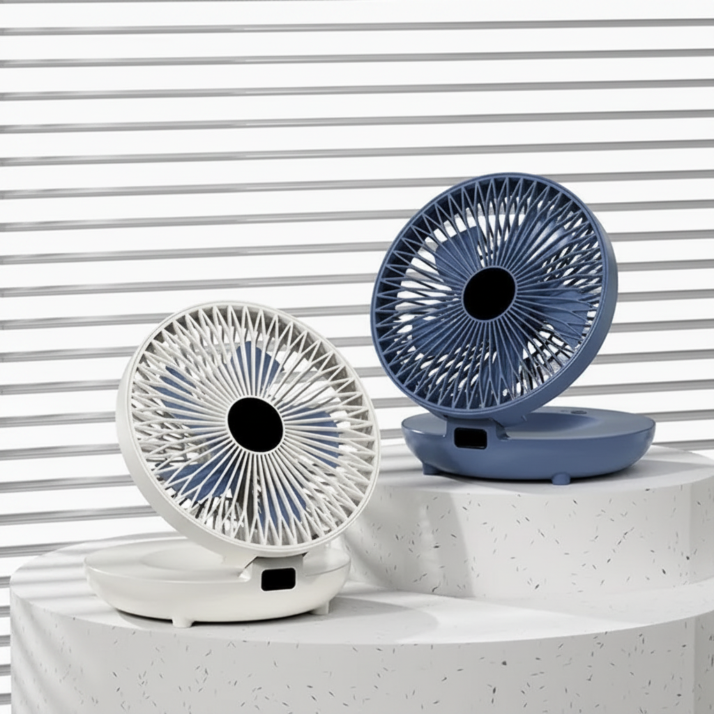 DecorsDeluxe portable oscillating desk fan with mesh cover, foldable design for home and office cooling.