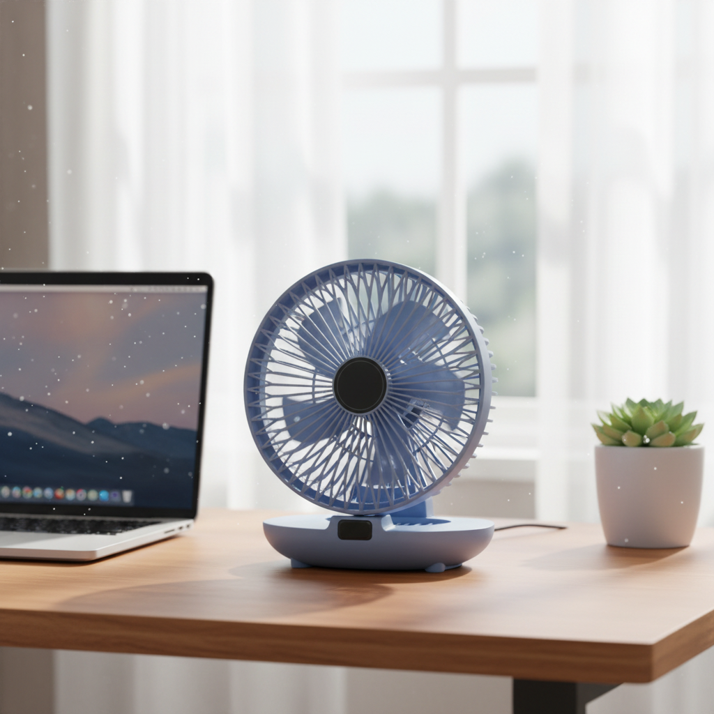 DecorsDeluxe portable oscillating desk fan with mesh cover, foldable design, ideal for home and office cooling.
